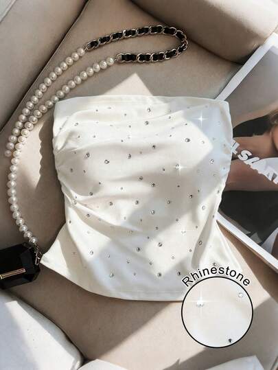 GlowEve 女士春夏新款水钻装饰修身性感抹胸上衣，适合日常穿着、派对和约会。