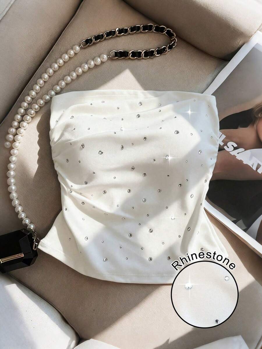 GlowEve 女士春夏新款水钻装饰修身性感抹胸上衣，适合日常穿着、派对和约会。 - 白色 - 查看 1