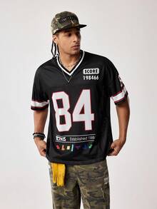 Tetris™ X SHEIN Men's Letter & Number Print V-Neck Casual Short Sleeve T-Shirt, Summer - Black - View 3