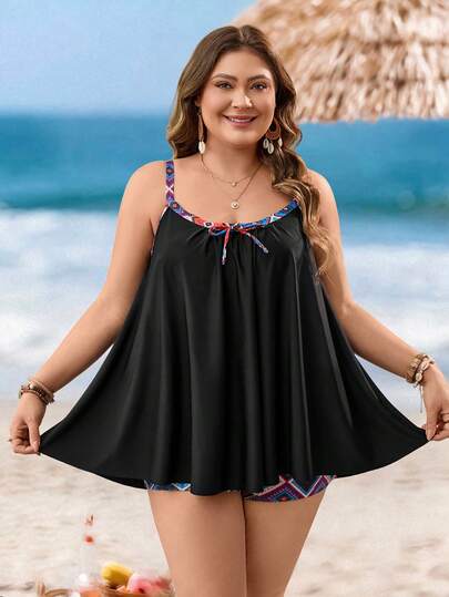 Swim Lushoire Plus Size Women Geometric Print Patchwork Spaghetti Strap Tankini Swimwear Set