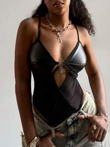 StreetHx 女士PU皮革网纱镂空性感露背连体衣，适合音乐节、派对等场合 - 黑色 - 查看 5