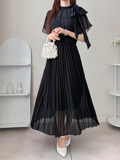 FRIFUL Đầm dài ngắn tay màu trơn bằng chiffon, kiểu dáng chữ A, thắt nơ ở eo, dành cho nữ.