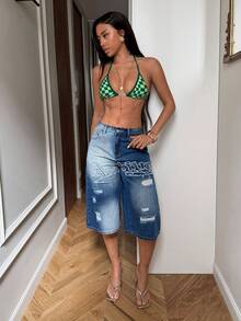 StreetHx 女士时尚休闲百搭街头刺绣七分牛仔裤 - 深色水洗藍 - 查看 4