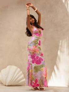Glamine Women's Long Printed Vacation Halter Backless Romantic Dress - Multicolor - View 5