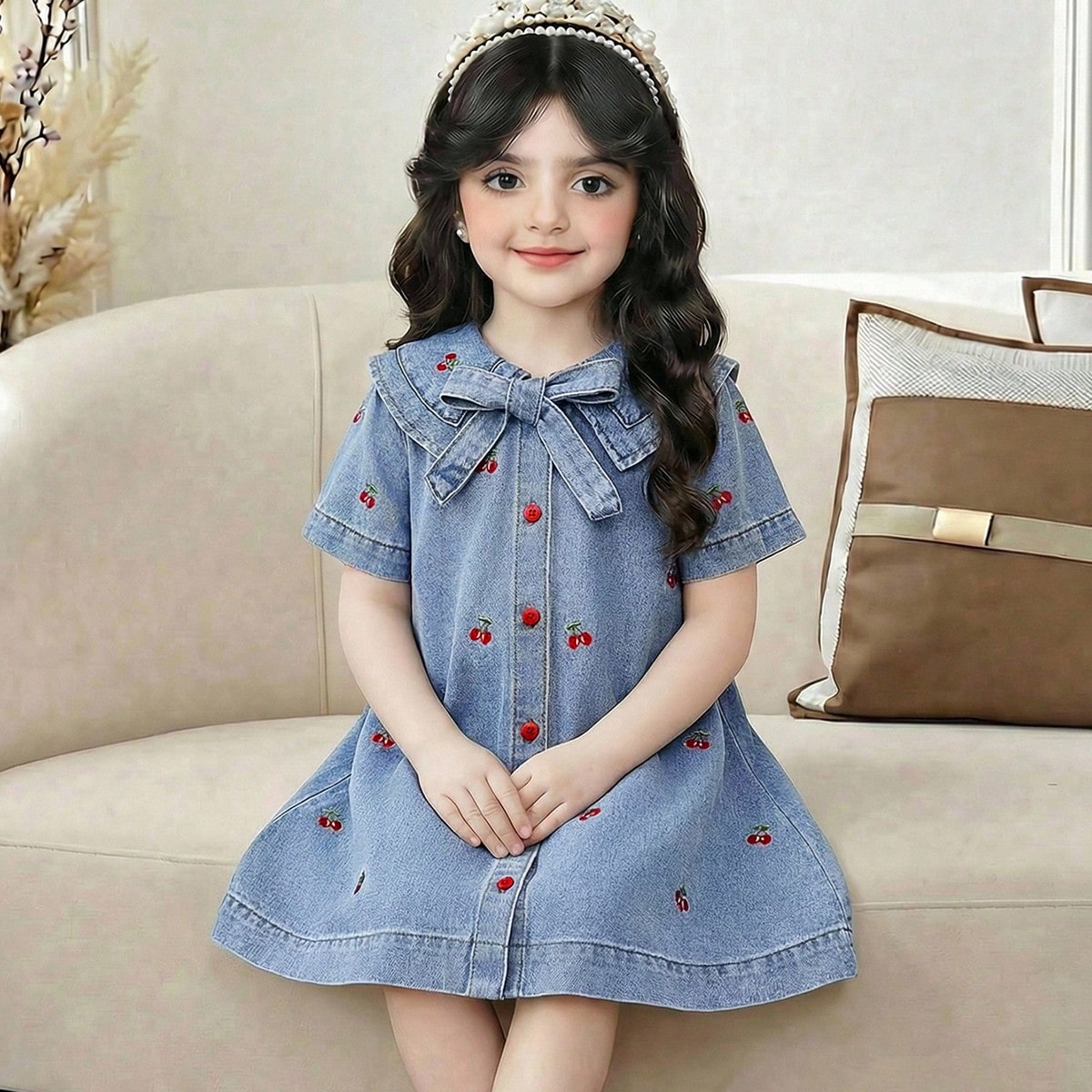 Vestido de niña con cuello de mezclilla azul y bordado de cerezas