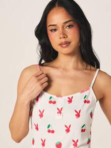 Missguided x Playboy Women's Printed Pointelle Pajama Set With Cami Top And Lettuce Edge Shorts Summer Sleepwear Loungewear - Multicolor - View 5