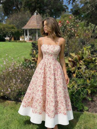 SHEIN MOD Women's Retro Romantic Ditsy Floral Dress, Suitable For Vacation, Romantic Occasions, Summer Wear, Vacation Wear, Beach Wear, Western Style Dress, Ditsy Floral Dress