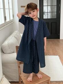 Dazy Kids 男童格子短袖睡袍和裤子睡衣套装 - 藏蓝色 - 查看 4