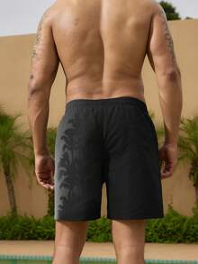 Manfinity Swimmode Men's Drawstring Waist Double-Layer Beach Shorts Black And White Swim Trunks Men Black Swim Trunk - Black - View 2