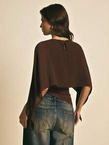 SHEIN PETITE CURVE Áo kiểu poncho tay dài xếp ly màu trơn dành cho nữ cỡ lớn - màu nâu - Xem 7