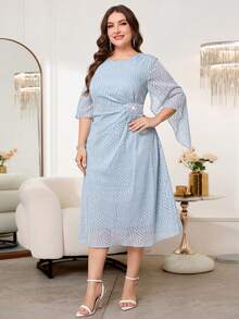 Reflora Đầm nữ cỡ lớn thanh lịch cổ tròn tay xòe eo bên đính ngọc trai giả - Màu xanh lam - Xem 8