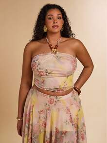 SHEIN BAE Plus Size Women Floral Print Fitted Sleeveless Tube Top, Summer Tops - Multicolor - View 6