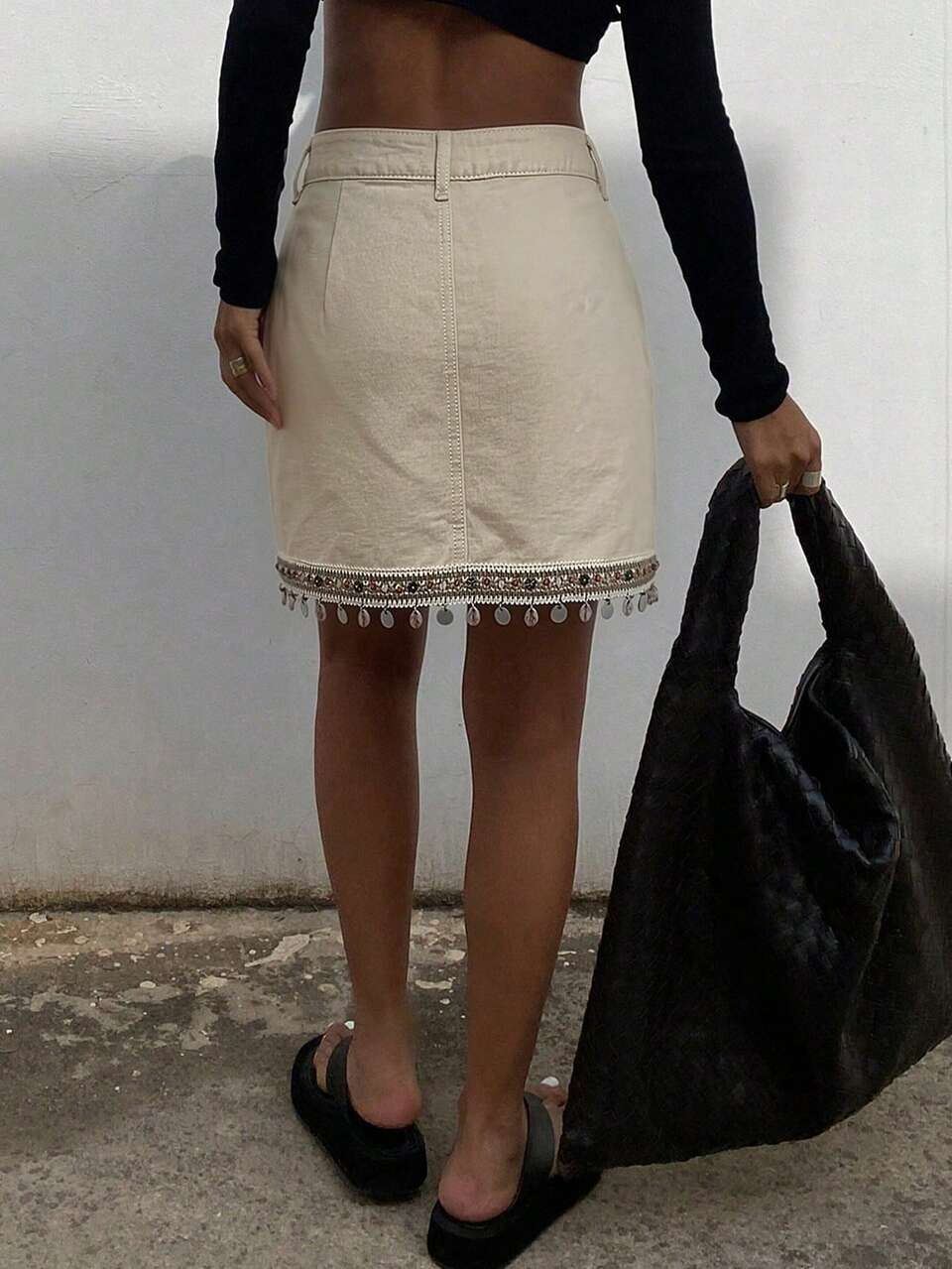 Women's Denim Skirt With Ribbon And Sequins, Slanted Pockets, Fashionable Summer Bohemian Style Vacation Outfit, Women's Beach Vacation Beige