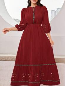 Mulvari Women's Embroidered Round Neck Lantern Sleeve Elegant Dress - Burgundy - View 4