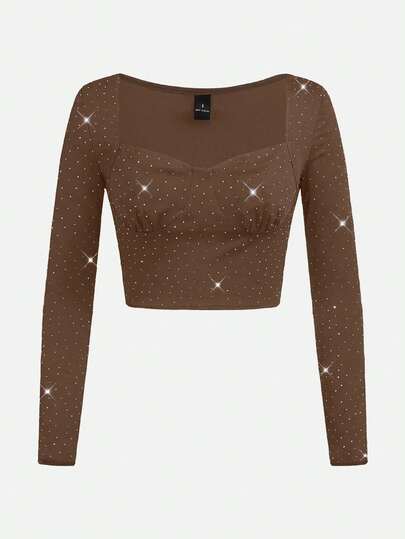 Y2Kool BiGraphic Black Rhinestone Embellished Y2K Streetwear Cropped Long Sleeve Top, Suitable For Autumn/Winter Parties, Gatherings And Daily Wear Glittery Crop Top Bling Crop Top Black Rave Crop Top Black Sparkly Crop Top Stylish Collection New Year Black Rhinestone Top Black Rave Top Glittery Top Black Sparkly Top Bling Top Gyaru Graphic Tops Spring Women Birthday For Women Carnival