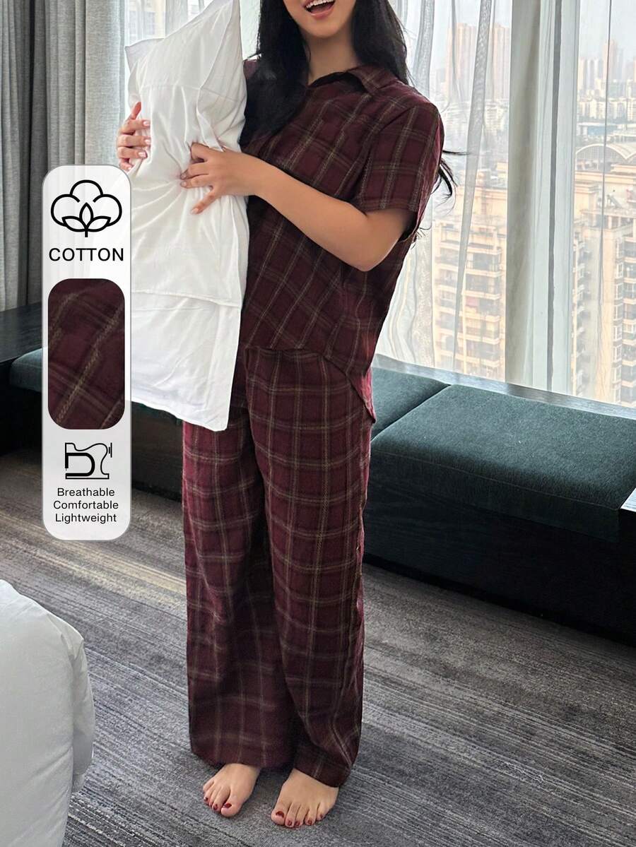 Dazy Plus 2pcs Casual Plaid Pajama Set, Loose Fit Short Sleeve Top And Straight Leg Pants, Spring/Summer Sleepwear - Red - View 1