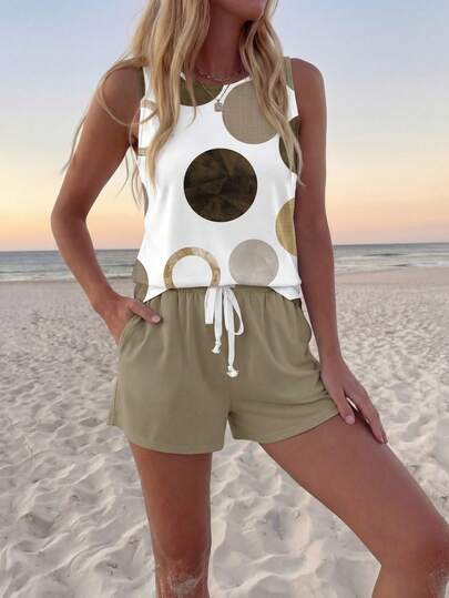 SHEIN LUNE Set de 2 piezas de camiseta de tirantes y shorts con estampado de lunares, estilo casual para mujer, adecuado para verano y salidas informales
