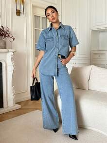 DAZY Women's Casual Washed Pocket Shirt And Wide Leg Jeans Suit, Spring/Summer - Medium Wash - View 8