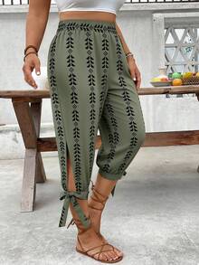 Breezaya Plus Size High Waist Drawstring 7/8 Pants, Spring/Summer - Army Green - View 5