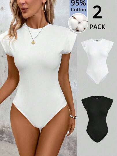 SHEIN LUNE Set de 2 bodys casuales minimalistas en blanco y negro para mujer, 95% algodón, para primavera/verano