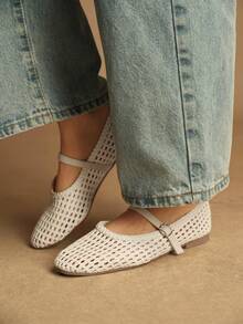 Rosivie Zapatos planos de material trenzado de PU, zapatos elegantes de estilo de oficina para ir y venir - Blanco roto - Ver 10