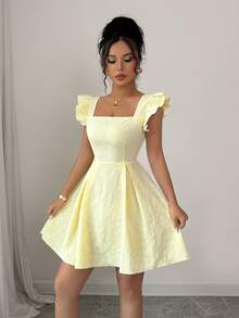 Elenzga Đầm công sở mini thanh lịch, ngọt ngào, màu kem vàng, mùa hè, cổ vuông, tay ngắn, dáng chữ A, chất liệu cao cấp, họa tiết hoa, chất liệu dệt hoa, thích hợp cho ngày Quốc khánh Mỹ Y2K. - Vàng nhạt - Xem 2