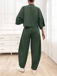 EURMUSE Women's Casual Solid Color Cozy Cardigan Top & Pants Two Piece Set - Army Green - View 2