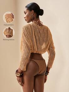 Zivah 2026 女士优雅度假休闲沙滩薄纱针织提花V领长袖罩衫 - 卡其色 - 查看 8