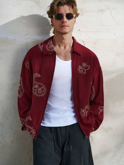 Airaco Men's Casual Cashew Print Zipper Long Sleeve Jacket, Versatile For Daily Wear