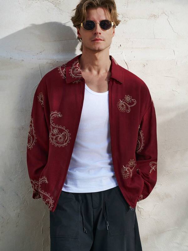 Airaco Men's Casual Cashew Print Zipper Long Sleeve Jacket, Versatile For Daily Wear