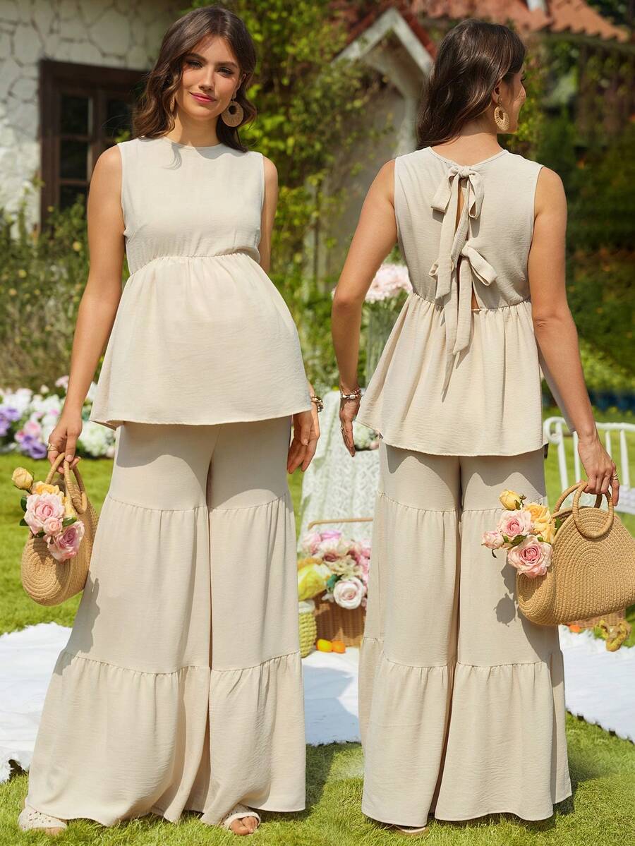 SHEIN 女士纯色吊带露背蝴蝶结系带裤休闲孕妇两件套，杏色春夏套装，孕妇沙滩度假装 - 杏色 - 查看 1