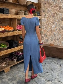 Selianne 1pc Women's Spring/Summer Beaded Ruched Collar Fitted Casual Vacation Everyday Denim Effect Dress - Lake Blue - View 2