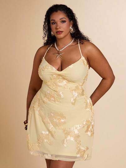 SHEIN BAE Plus Size Women's Sexy Vacation Style Yellow Beaded Embroidered Tie-Up Backless Camisole Dress,Yellow Bodycon Backless Tie Strap Sequin Mermaid Hem Mini Dress, Tight Fitting Scoop Neck Sleeveless Short Dress For Summer Beach Vacation