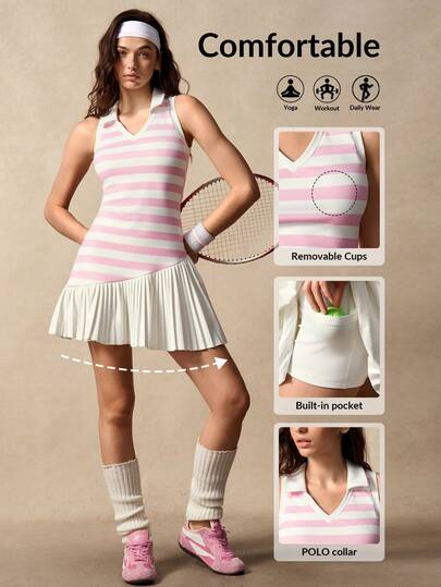 VARSIVA Women's Sleeveless Striped Patchwork Pleated Hem Sports Dress