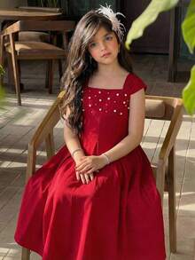 SHEIN 少女优雅串珠无袖宽肩带褶皱喇叭形红色长款连衣裙，派对礼服，女童正式礼服，中长连衣裙，方领连衣裙，红色中长连衣裙，优雅连衣裙 - 紅色 - 查看 7