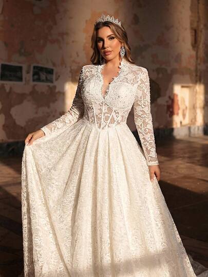 Glamrae 大码优雅浪漫宫廷风白色长袖薄纱立领腰部鱼骨装饰奢华法式蕾丝拼接A字婚纱