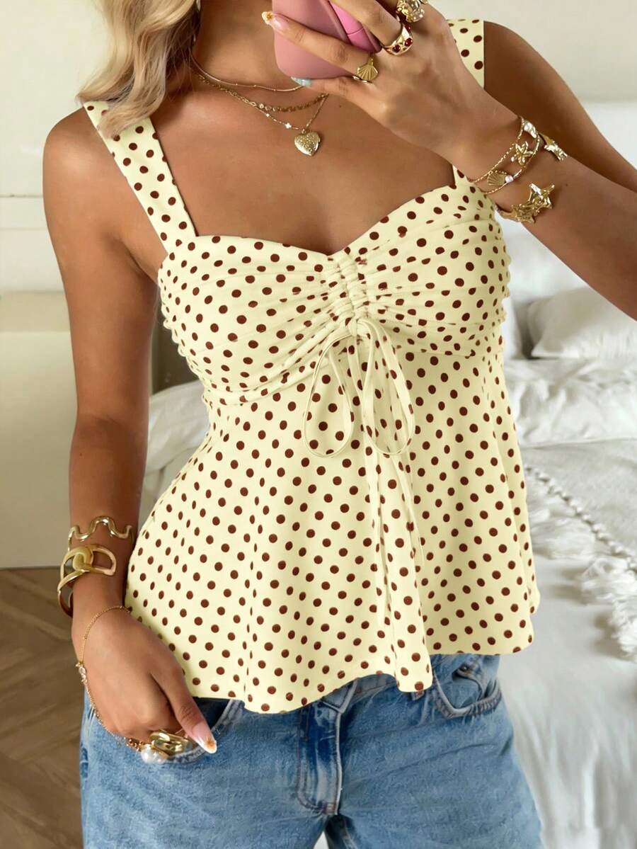 SHEIN CovetEZ 2026 Spring/Summer New Women's Apparel: Buttercup Yellow & Brown Polka Dot Cute Casual Versatile Ruffle Drawstring Blouse/Tank Top,Summer Top - Yellow - View 1