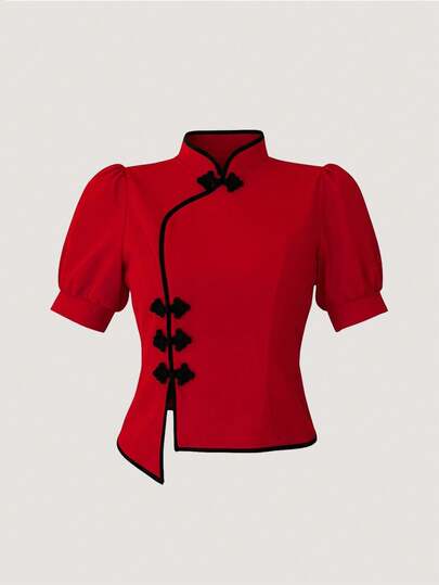 Olithes 中式女式休闲衬衫，侧开衩泡泡袖立领中国结纽扣上衣，适合新年派对和春节等场合，优雅女式衬衫，优雅女式上衣，休闲女式上衣，海滩，夏季假期，春季，女士春季，女士情人节，狂欢节，女士海滩，夏季假期，度假，女士度假，红色上衣，红色女式衬衫，婚礼优雅派对，情人节，红色撞色上衣，红色夏季上衣，蝴蝶结上衣，可爱红色上衣，生日派对