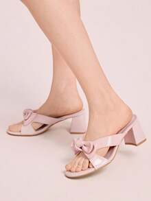 CUCCOO DOLLMOD Sandalias de tacón grueso con puntera redonda, decoración de lazo, de cuero sintético rosa pálido, con estilo tierno y apropiadas para primavera y verano - Polvo tierno - Ver 3