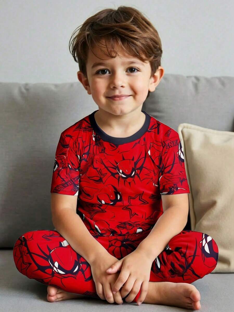 SHEIN Young Boy's Casual Snug Fit Graphic Print Thick Crew Neck Long Sleeve Top And Pants Loungewear Set, Suitable For Autumn/Winter