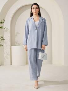 Veilorie Women's Solid Color Lapel NeckLong Sleeve Single-Breasted Jacket And Pants Casual Suit Set - Blue - View 5