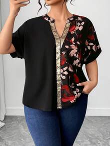 EMERY ROSE Fashionable Casual French Retro V-Neck Sequin Decor Rose Print Shirt - Black - View 1