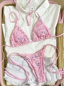 Costavie 两件套彩色亮片特殊面料三角罩杯文胸和侧系带泳裤性感比基尼套装，春夏女士泳装套装亮片比基尼泳衣套装粉色系带比基尼套装女士两件套泳衣亮片比基尼套装闪亮比基尼女士比基尼套装女士泳衣全包覆式女士泳衣套装女士夏季两件套 - 粉色 - 查看 4