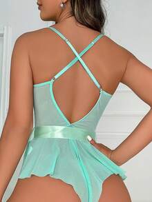 SHEIN Contrast Lace Mesh Bow Front Ruffle Hem Teddy Bodysuit Lingerie - Mint Blue - View 2