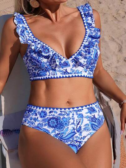 Swim Lushoire Spring/Summer Blue & White Floral Print Ruffled V-Neck Adjustable Strap Swimwear Top & High-Cut Ruched Hem Bottoms, Mature Women's 2-Piece Swimwear