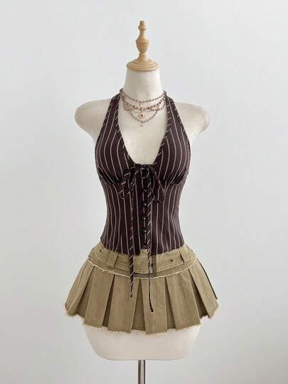 Elamini Brown Striped Organic Cotton V-Neck Halter Backless Tie-Waist Button-Front Cropped Shirt, Women's Spring/Summer , Minimalist, Office, Vacation, Retro Elegant, Versatile