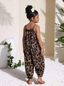 Young Girls' Leopard Print Loose Jumpsuit, Casual Vacation Fashion Versatile, Matching Sisters, Park Camping, Family Photos, Party, Daily Leisure - Brown - View 2