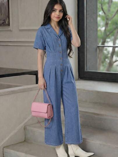 SHEIN Teen Girls Lapel Short-Sleeved Solid Color Button Denim Jumpsuit, Elegant & Stylish, & Cool,Teen Girls Casual Two Pieces,Unity Striped Print Backless Button Up Casual Sleeveless Jumpsuit Fall Cloth For Women,Casual Jumpsuits For Women, Holiday Outfits For Women,Summer Holiday Outfits,Girls Spring Clothes Outfits,Valentines Day Outfit