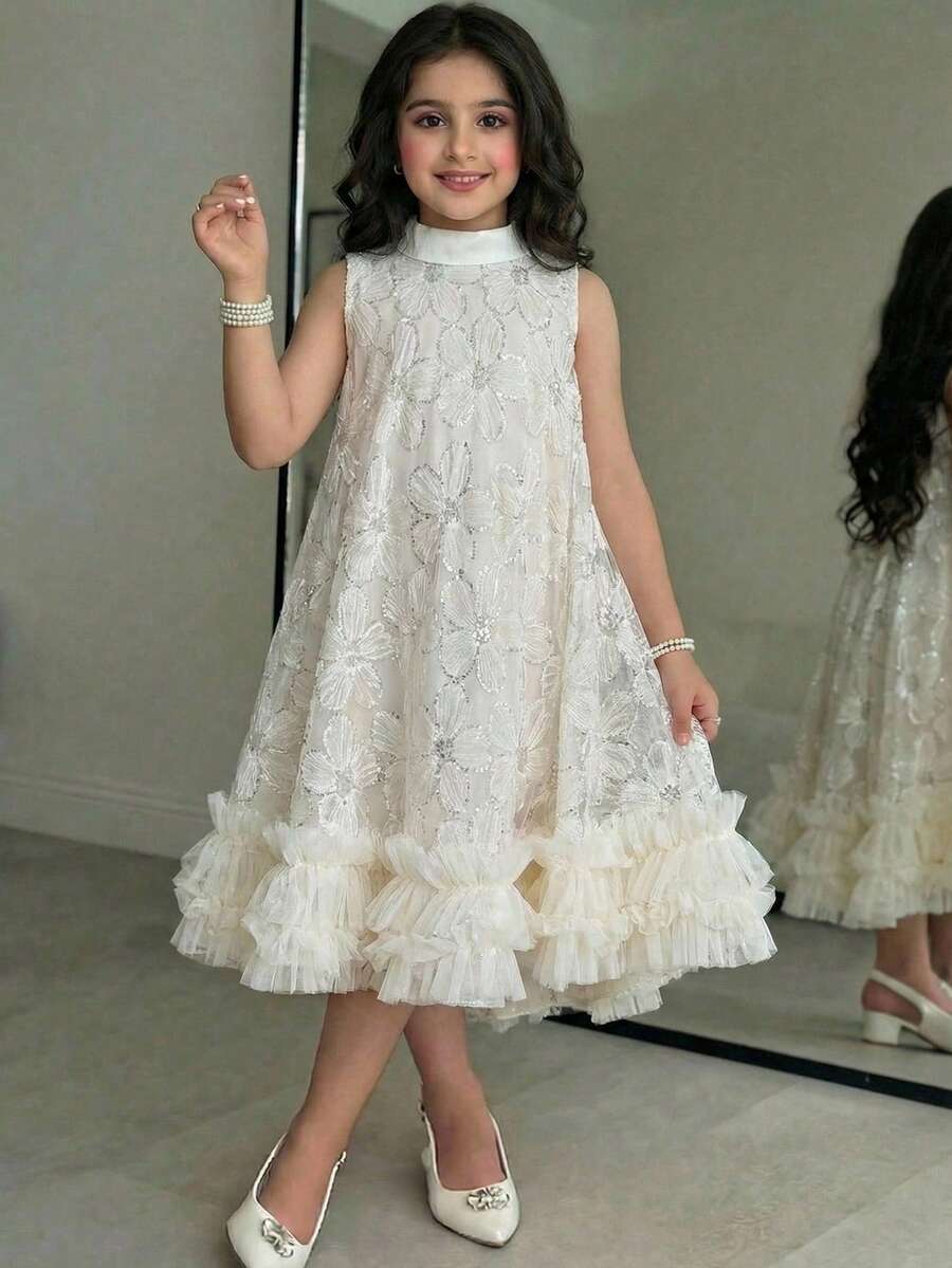 SHEIN 时尚优雅的少女亮片网纱无袖连衣裙 - 杏色 - 查看 1