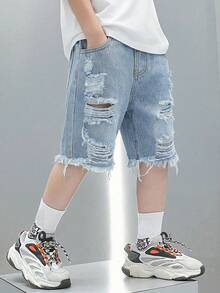 Bubblio Young Boy蓝色牛仔破洞宽松短裤 - 淺色水洗藍 - 查看 3